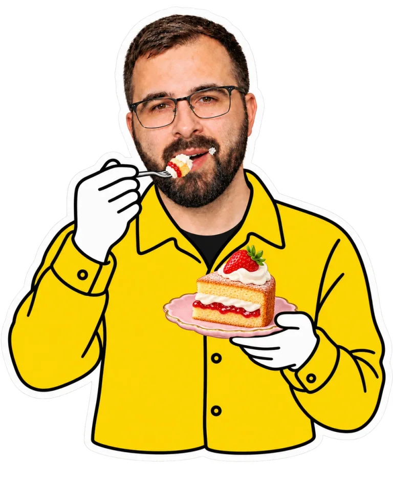 Bradley eating strawberry cake with a fork