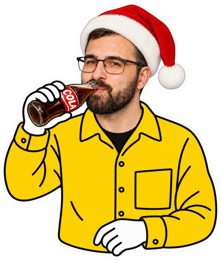 Bradley drinking cola while wearing a Santa hat