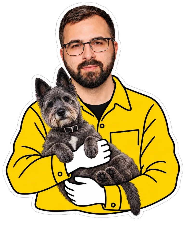 Bradley holding his dog Teddy in his arms