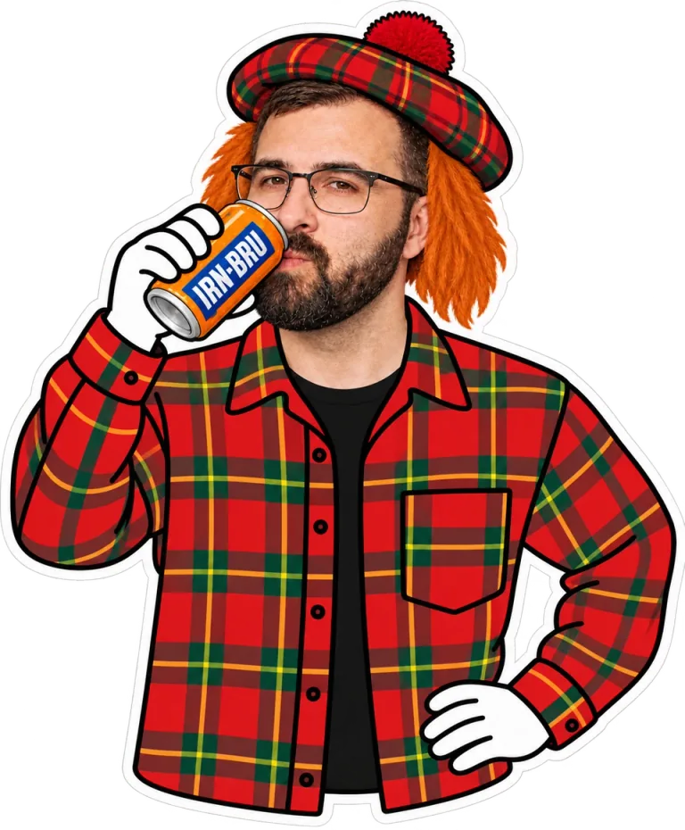 Bradley drinking Irn-Bru in tartan with a tourist hat and ginger novelty hair