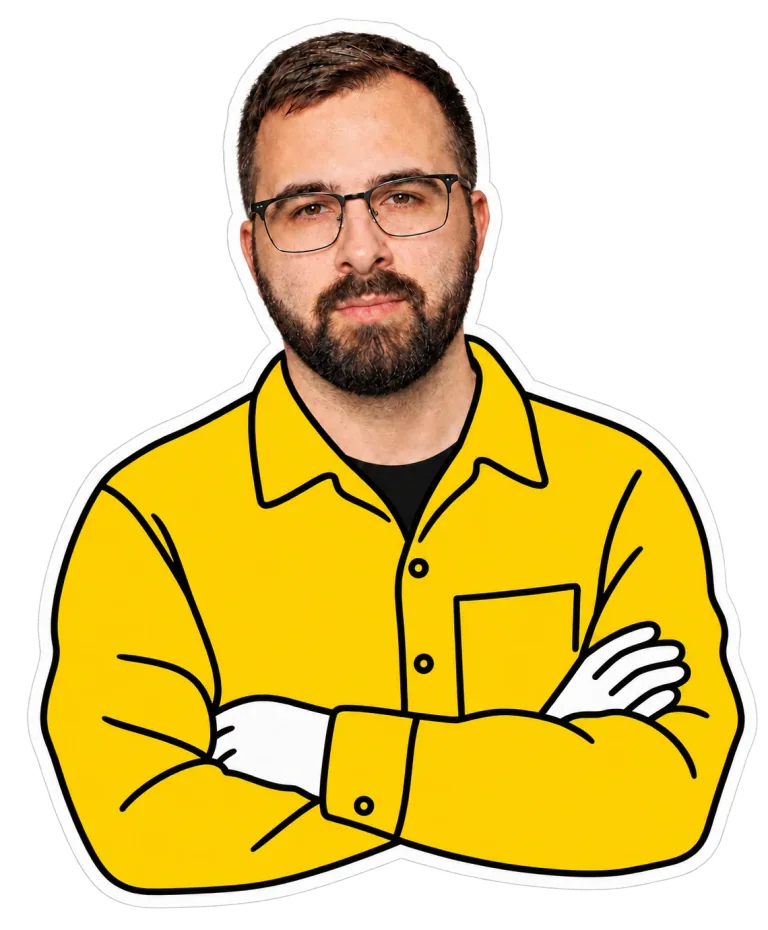 Bradley Pow, with a photographic head and yellow illustrated jacket