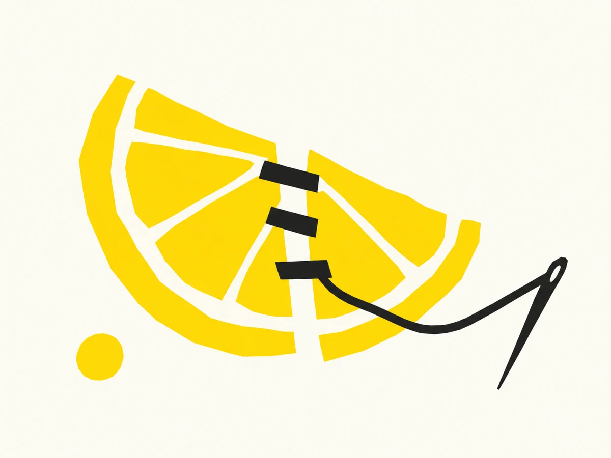 Three deliberate black stitches repair the gap in a yellow lemon wedge.