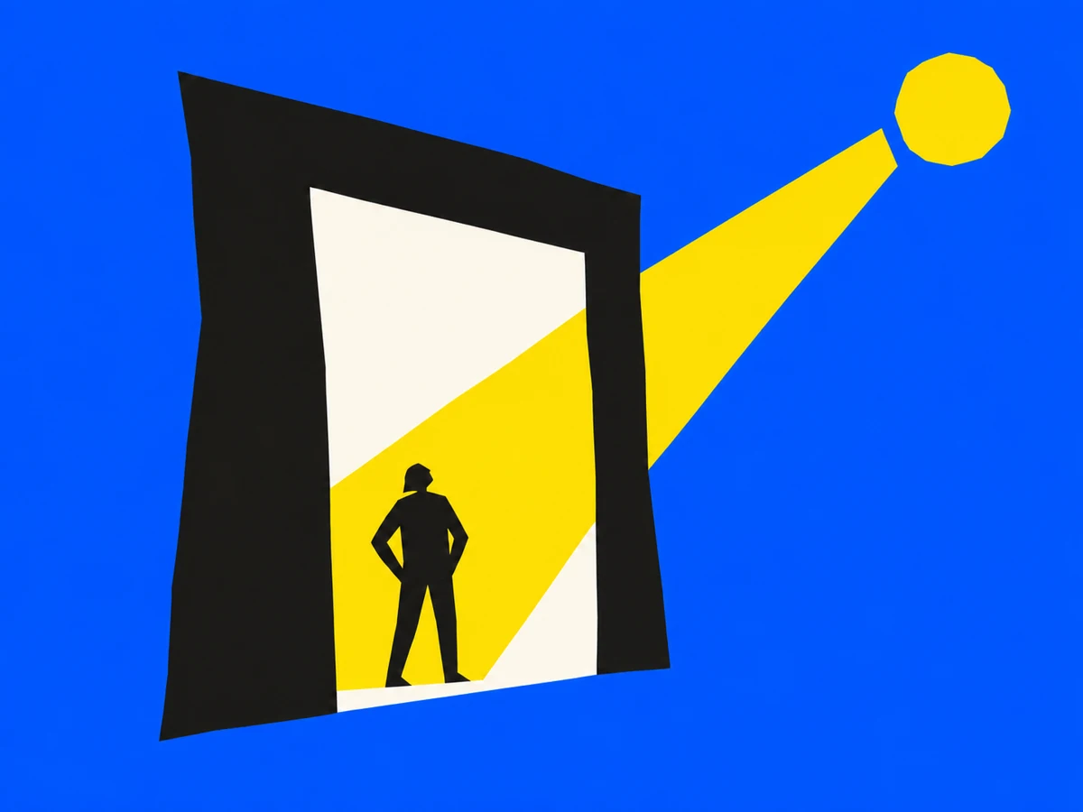 A yellow sun casts a bold angular opening of light across a black doorway.