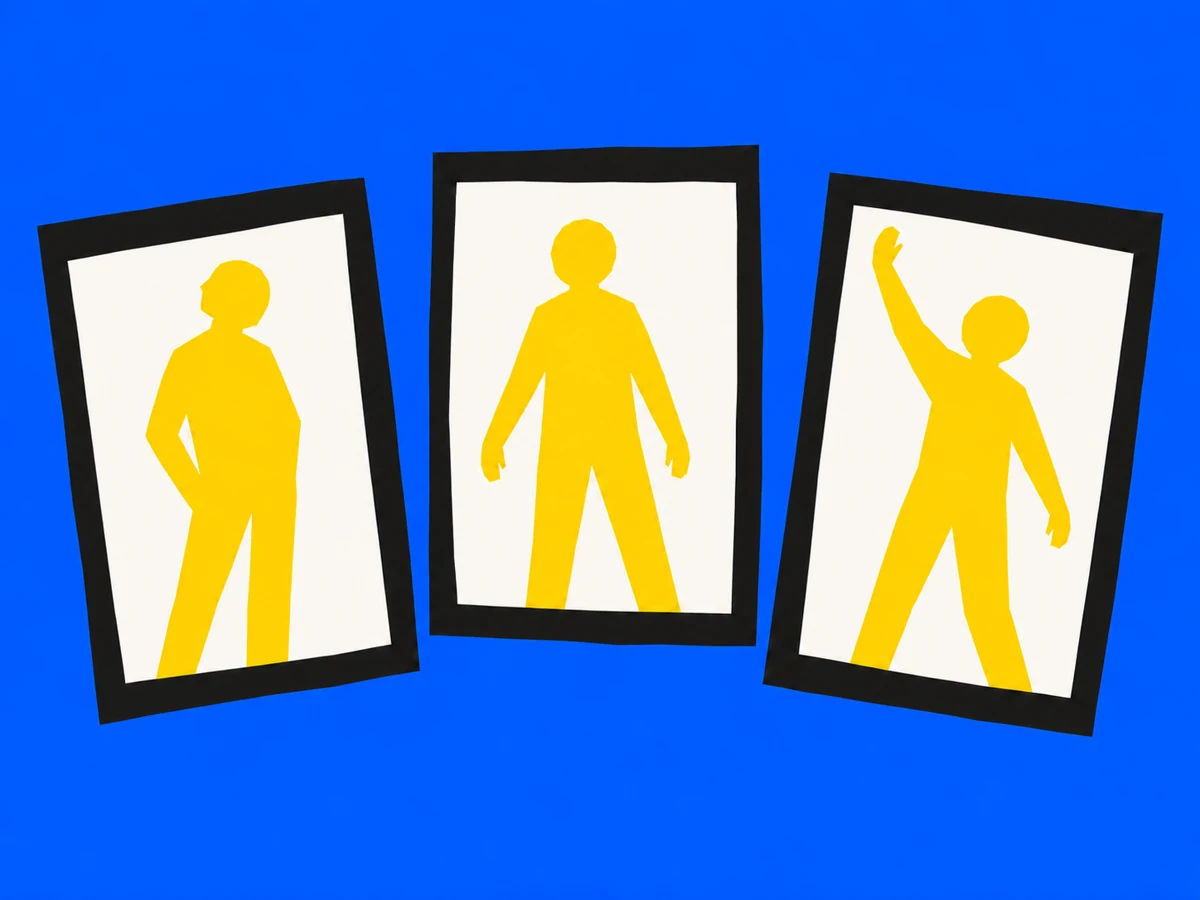 Three yellow variations of one person sit in separate black frames.